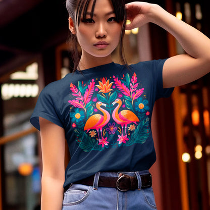 model wearing French navy Tropical Tango Unisex organic cotton t-shirt