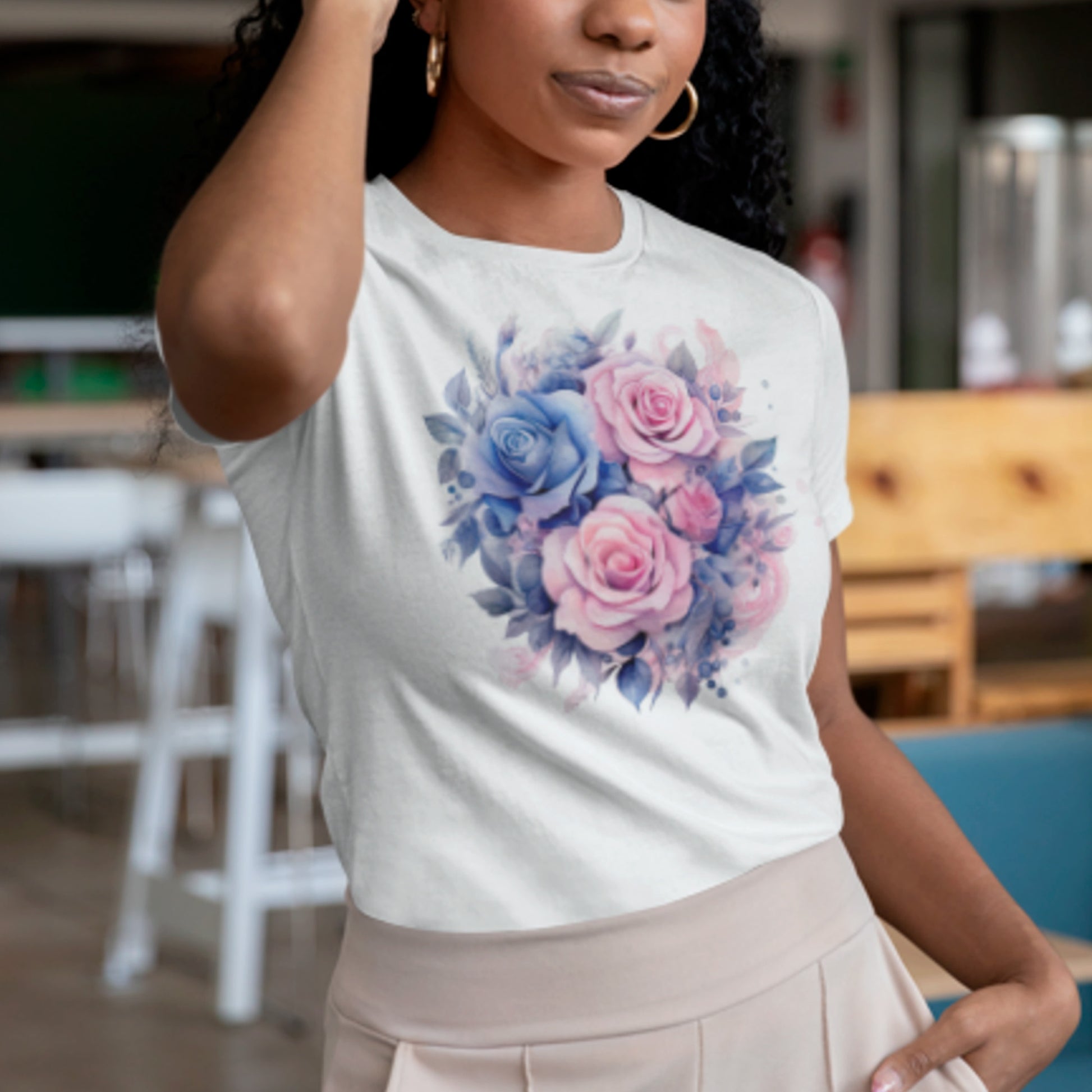 female model wearing Aquarelle Garden Unisex organic cotton t-shirt