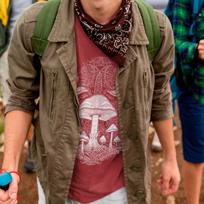 male model wearing burgundy Fungal Network Unisex organic cotton t-shirt