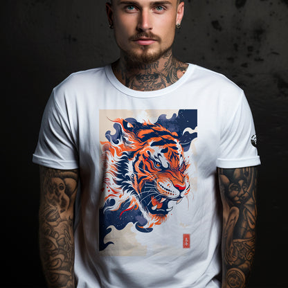 male model wearing Bakuhatsu Byakko Unisex t-shirt