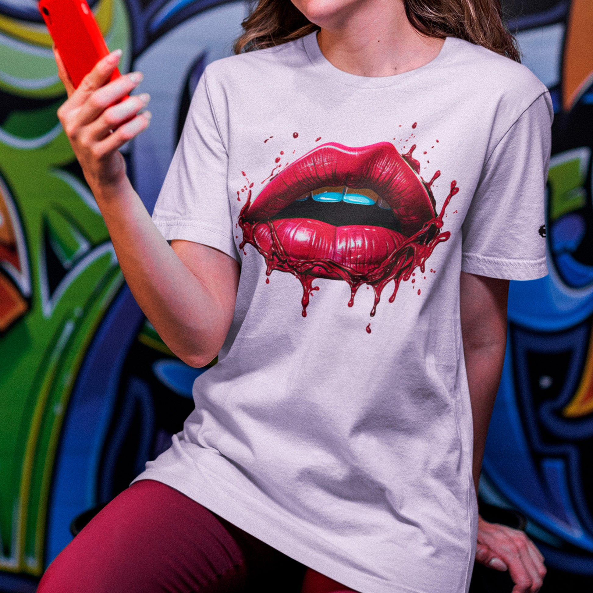 model wearing Kiss of Death Unisex organic cotton t-shirt in lavender