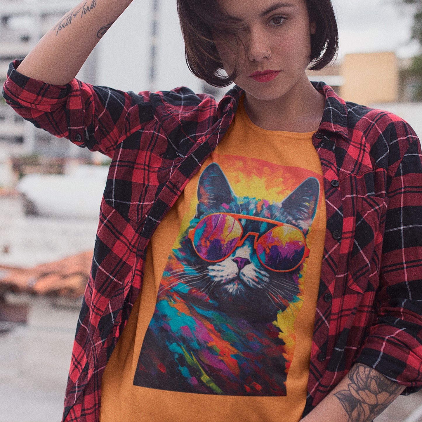 female model wearing Sunny Side of Meow Unisex organic cotton t-shirt