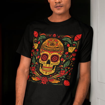 model wearing black El Paso Calavera Unisex organic cotton t-shirt