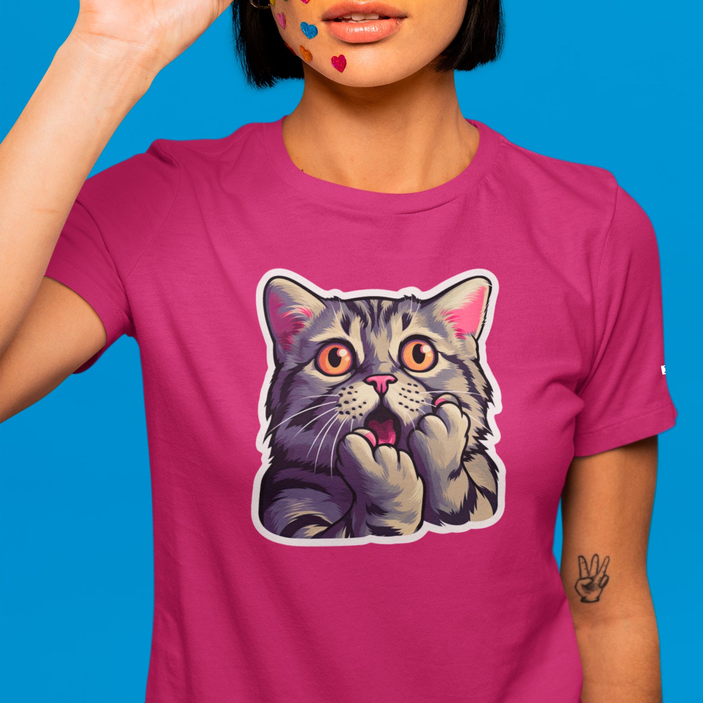 female model wearing berry Cat-astrophic Surprise Unisex t-shirt 