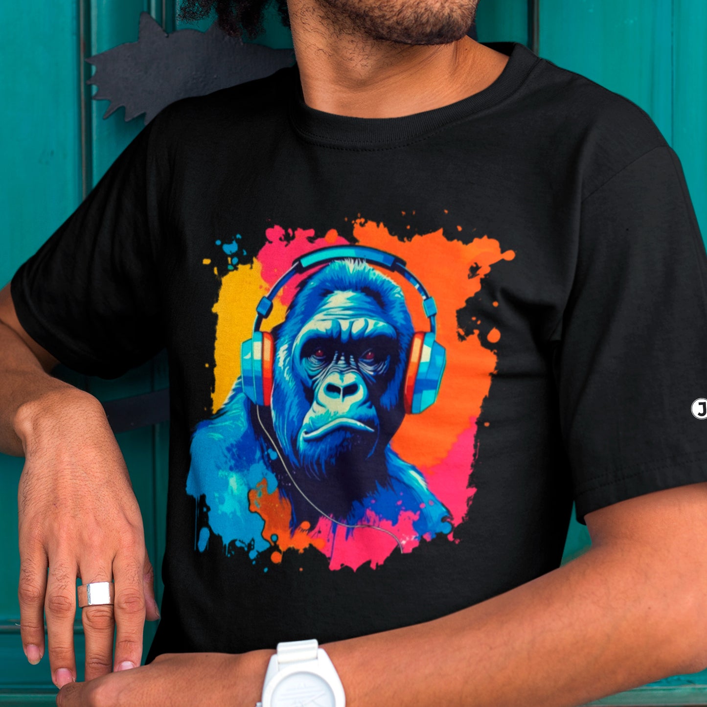 close up of model wearing Rhythm Kong Unisex organic cotton t-shirt in black