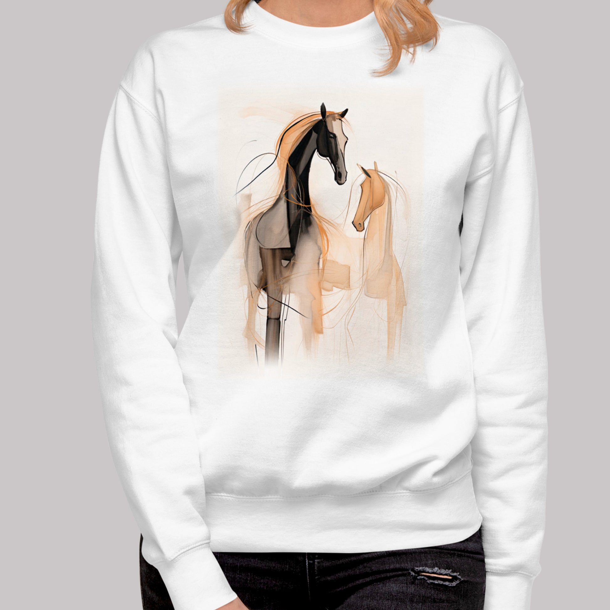 female model wearing Serene Equine Unisex Premium Sweatshirt