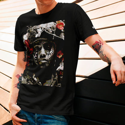 model wearing Floral Trooper Unisex organic cotton t-shirt