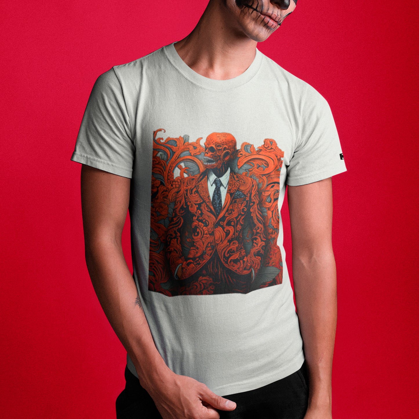 model wearing Crimson Attire Unisex t-shirt, in ash.