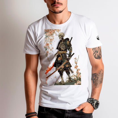 model wearing white Yurei Yoroi Unisex t-shirt