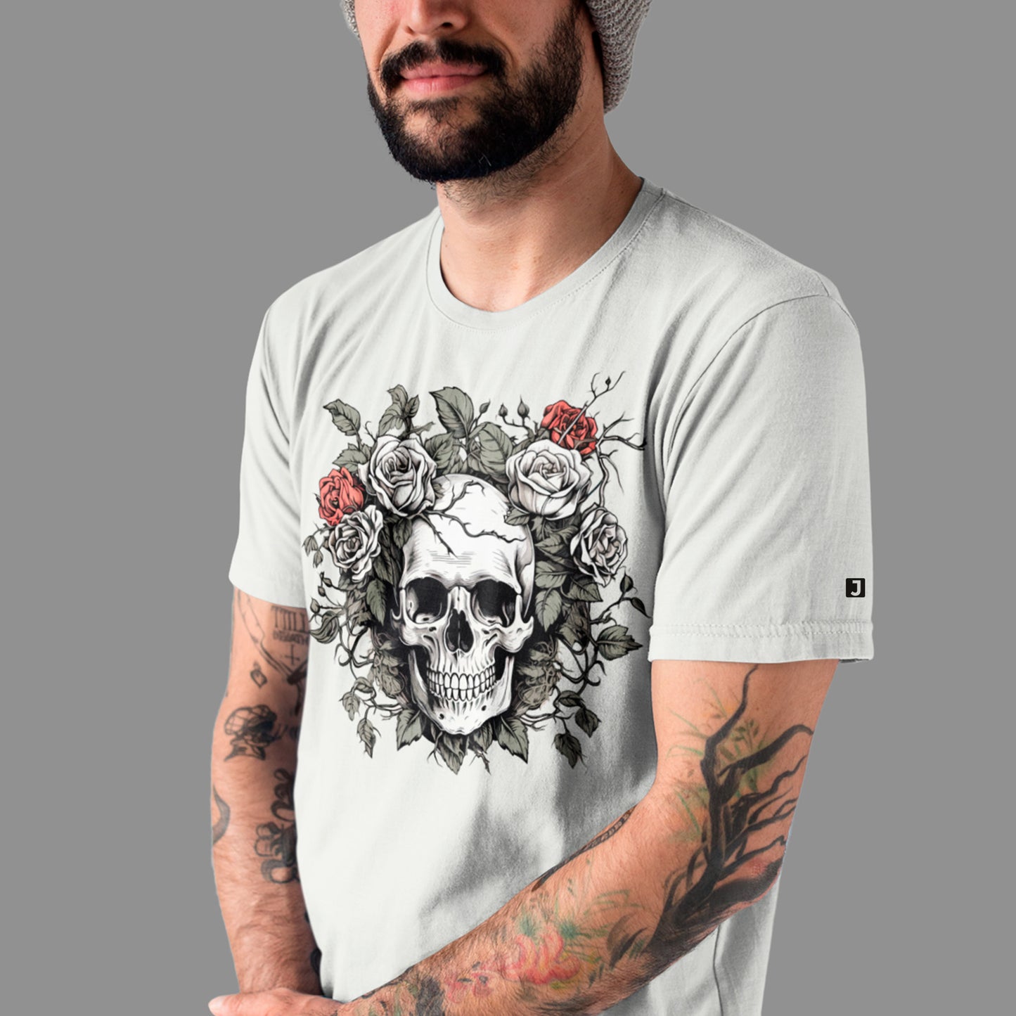 male model wearing ash colour Laurel Remains Unisex t-shirt