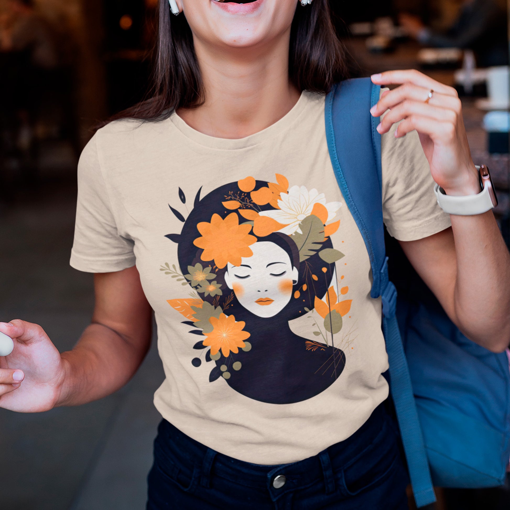 female model wearing Floral Halo Unisex t-shirt, in soft cream