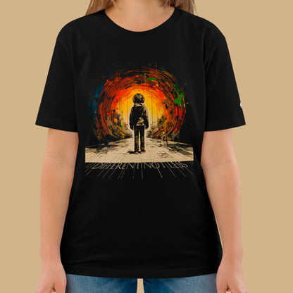 model wearing black Different, Not less Unisex organic cotton t-shirt