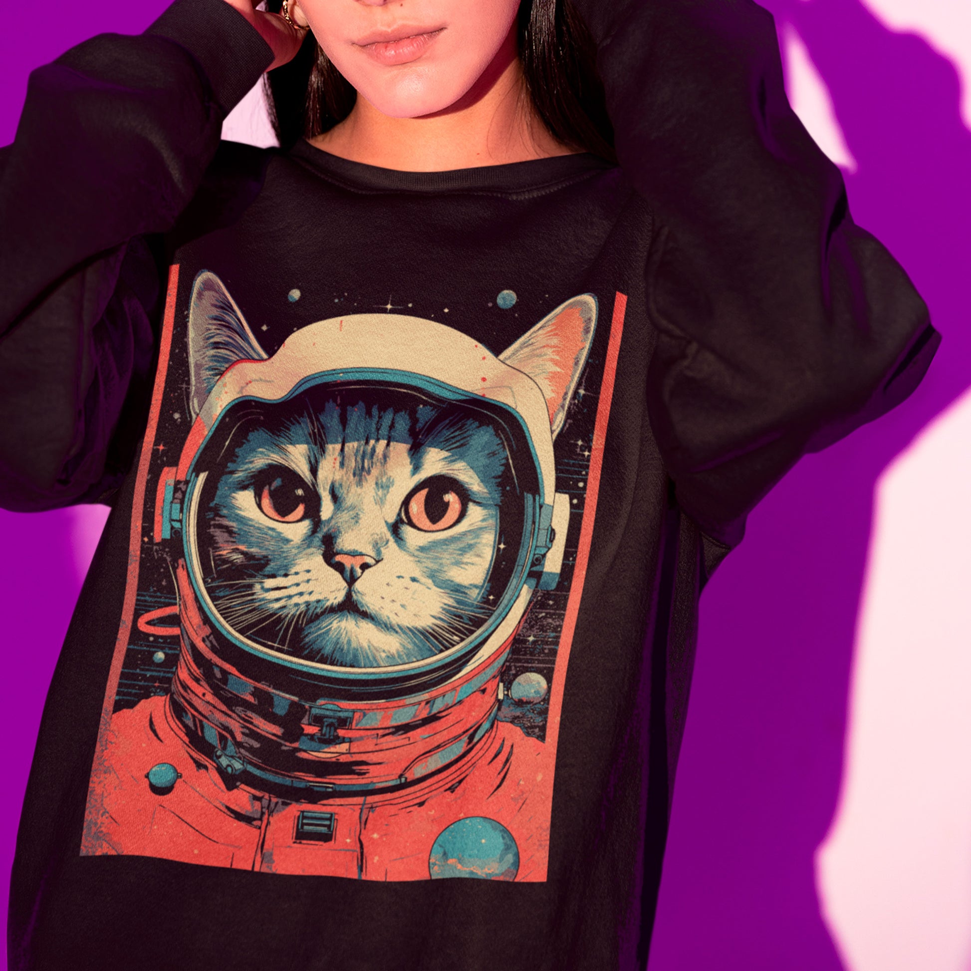 model wearing black Cosmic Kitty- Unisex Premium Sweatshirt