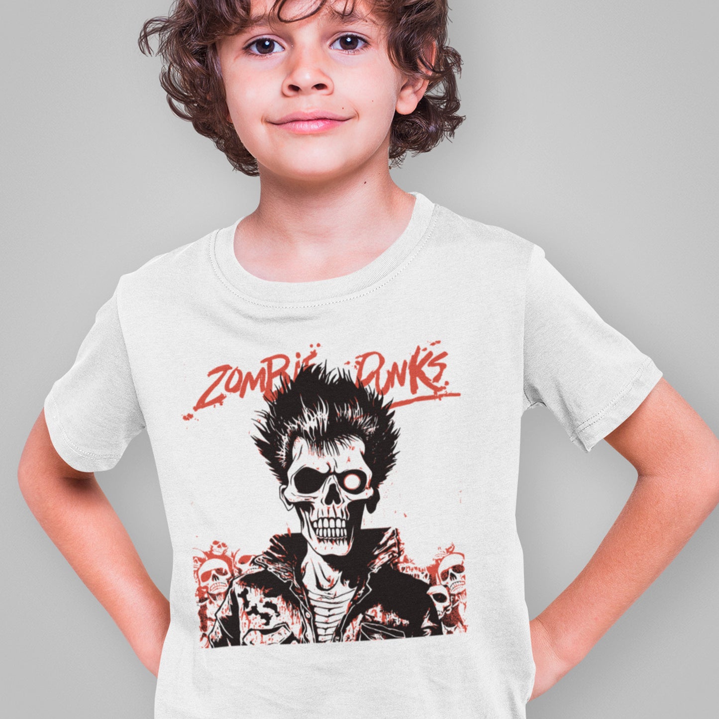 boy wearing white Zombie Punks Organic cotton kids t-shirt