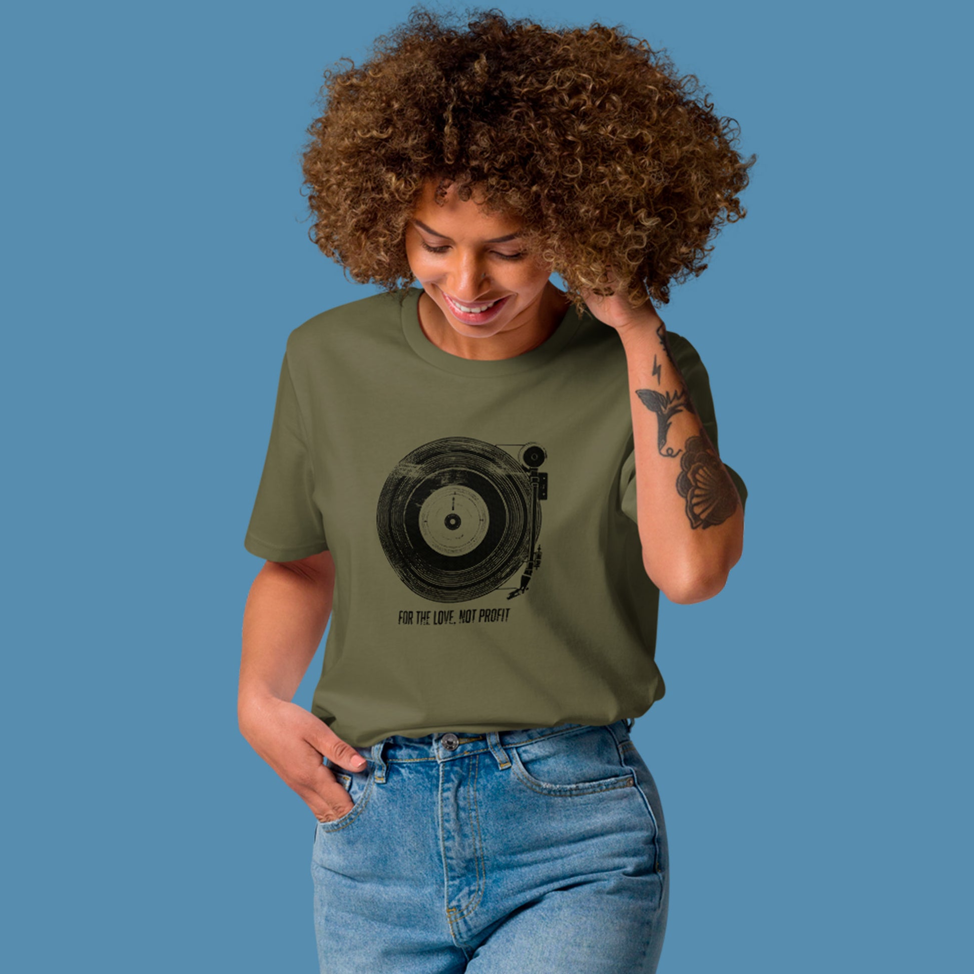 For The Love Unisex organic cotton t-shirt- khaki- worn by female model