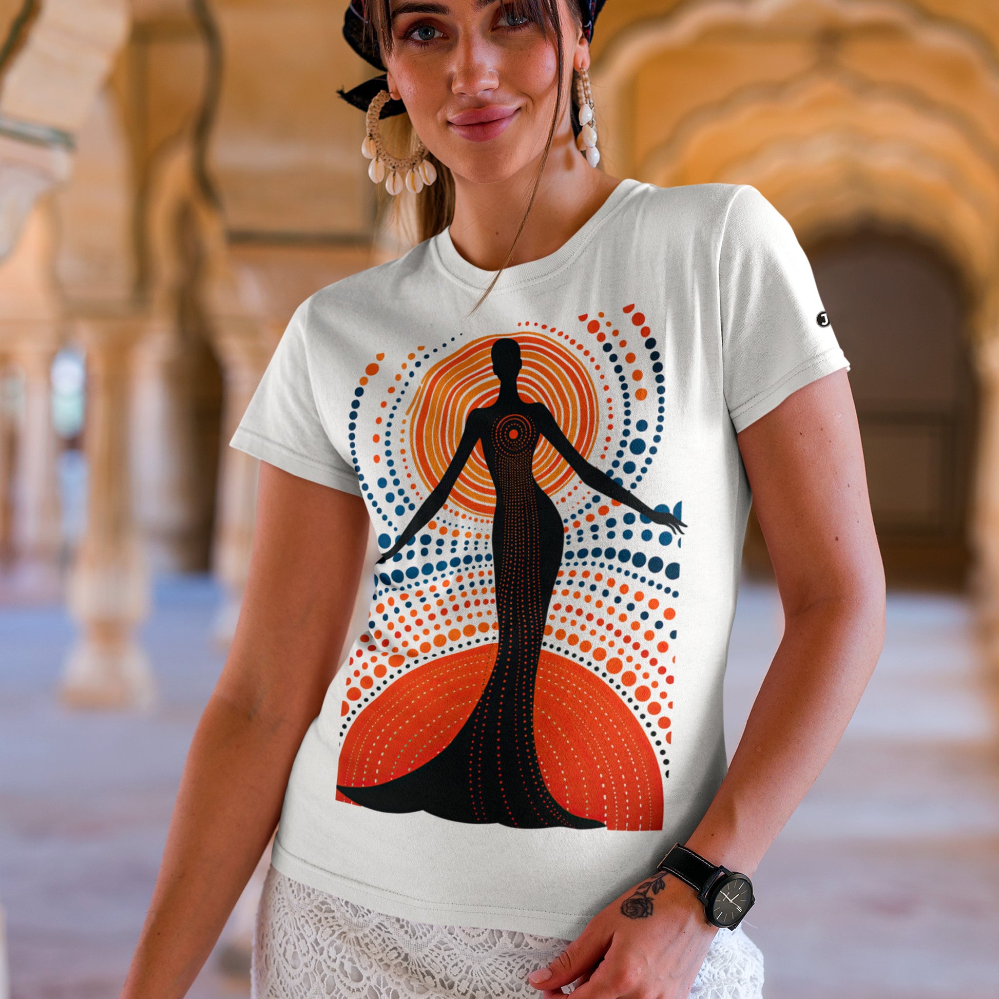 female model wearing Polka Steps Unisex organic cotton t-shirt