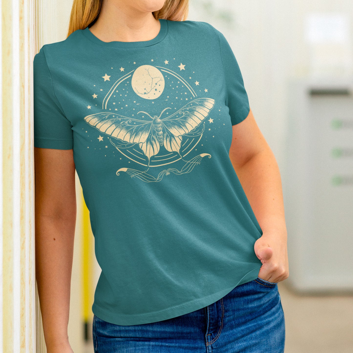 female model wearing stargazer Luna Glow Unisex organic cotton t-shirt