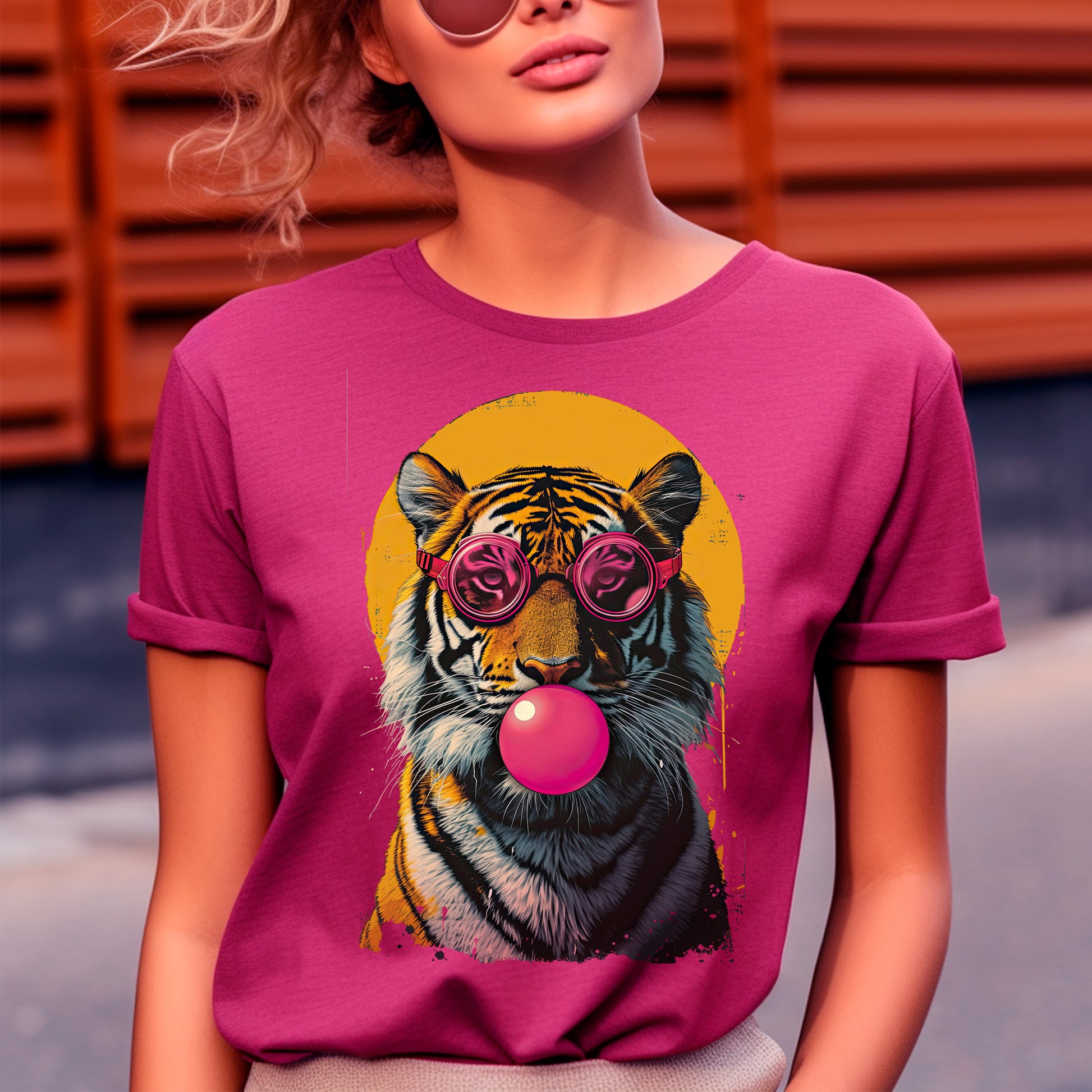 model wearing Bubblegum Bengal Unisex t-shirt