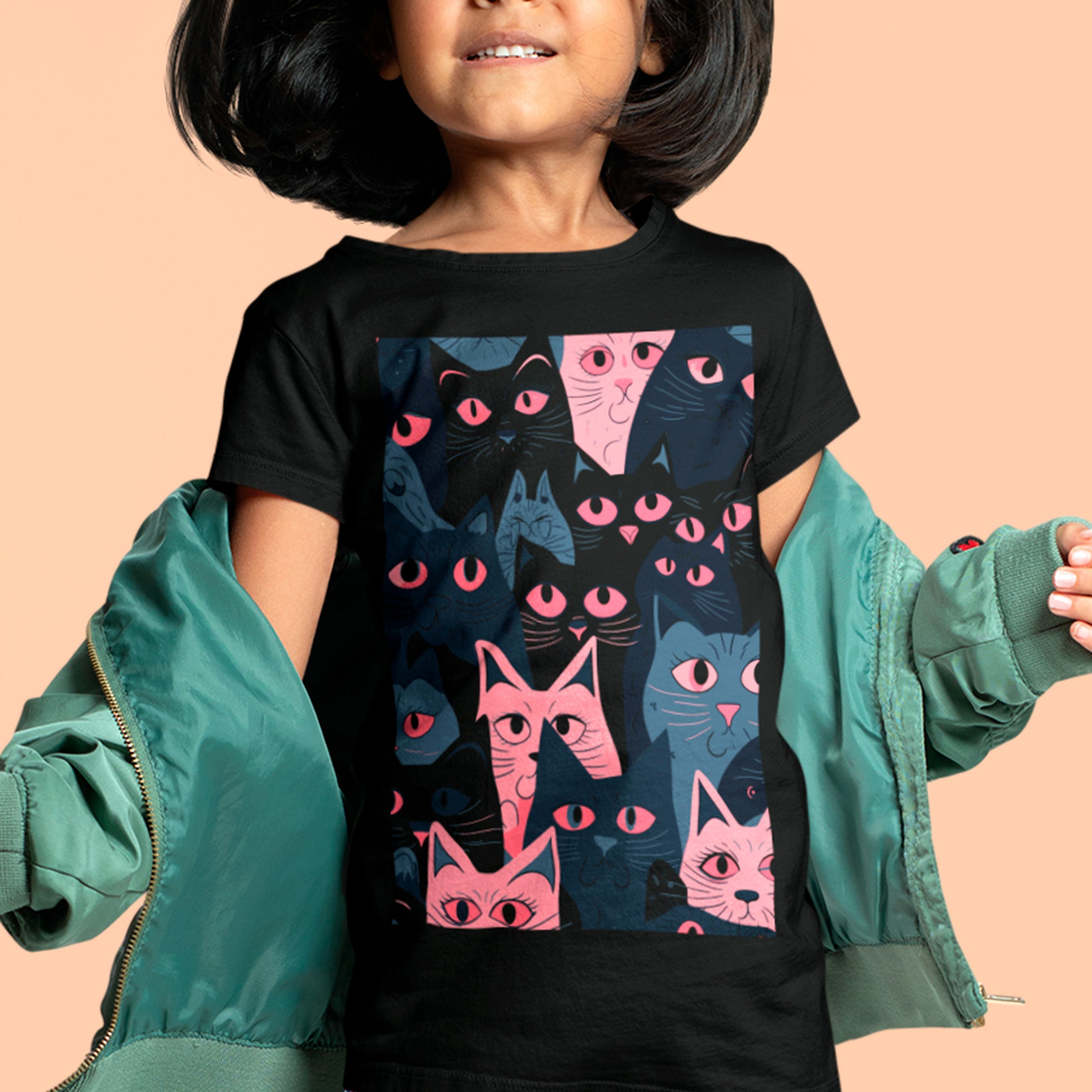 girl wearing black wearing Pink Clowder Organic cotton kids t-shirt