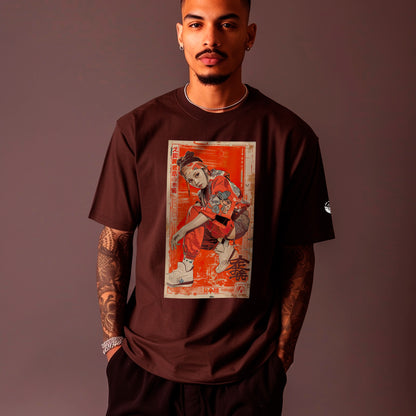 male model wearing Osaka Street Unisex t-shirt in oxblood black