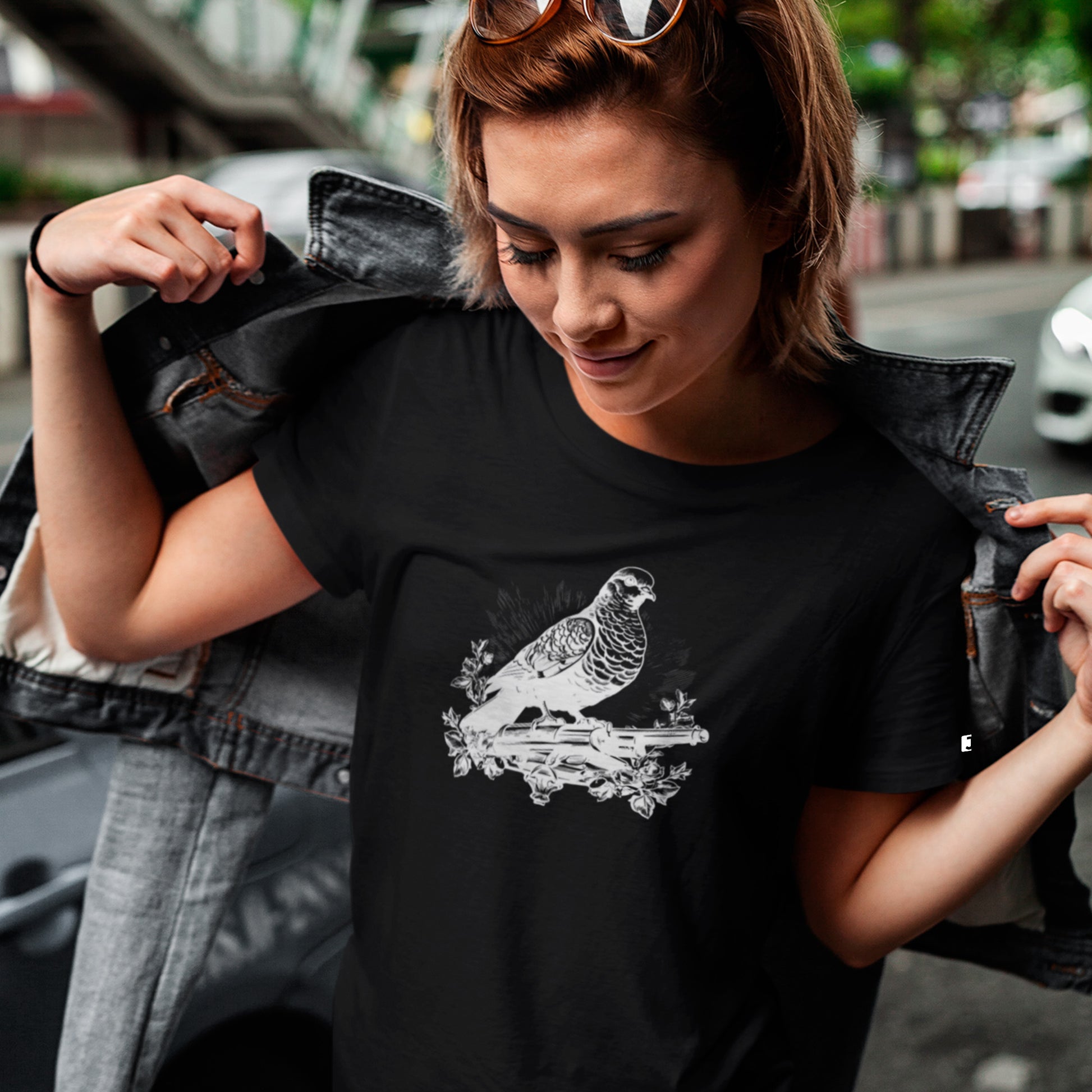 Female Model wearing Peace Offering Unisex t-shirt- in black