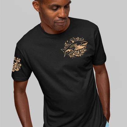 male model wearing black Ka Manō Unisex organic cotton t-shirt