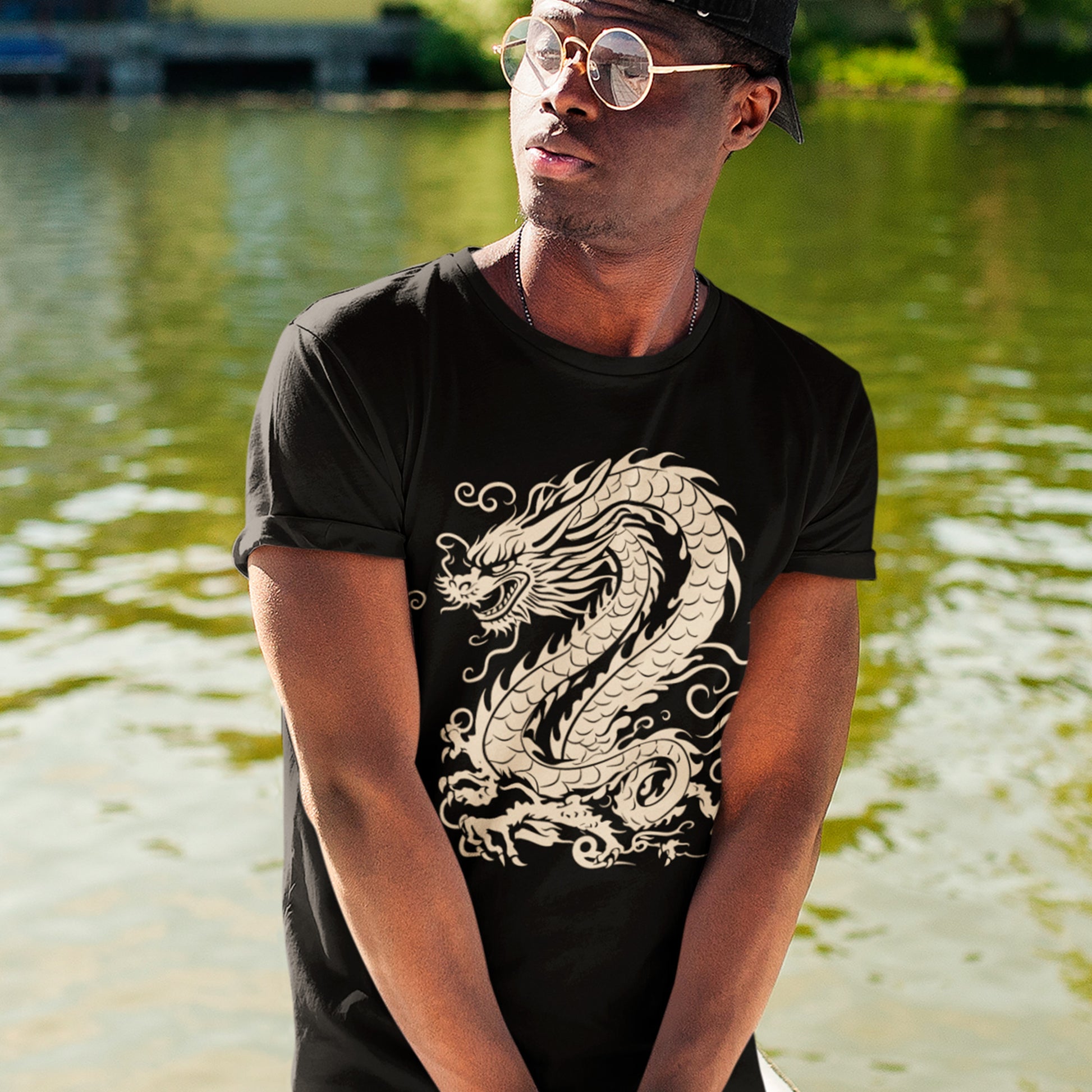male model wearing black Eastern Lung (龙) Unisex t-shirt