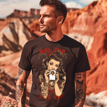 model wearing Dairy Doll Unisex t-shirt