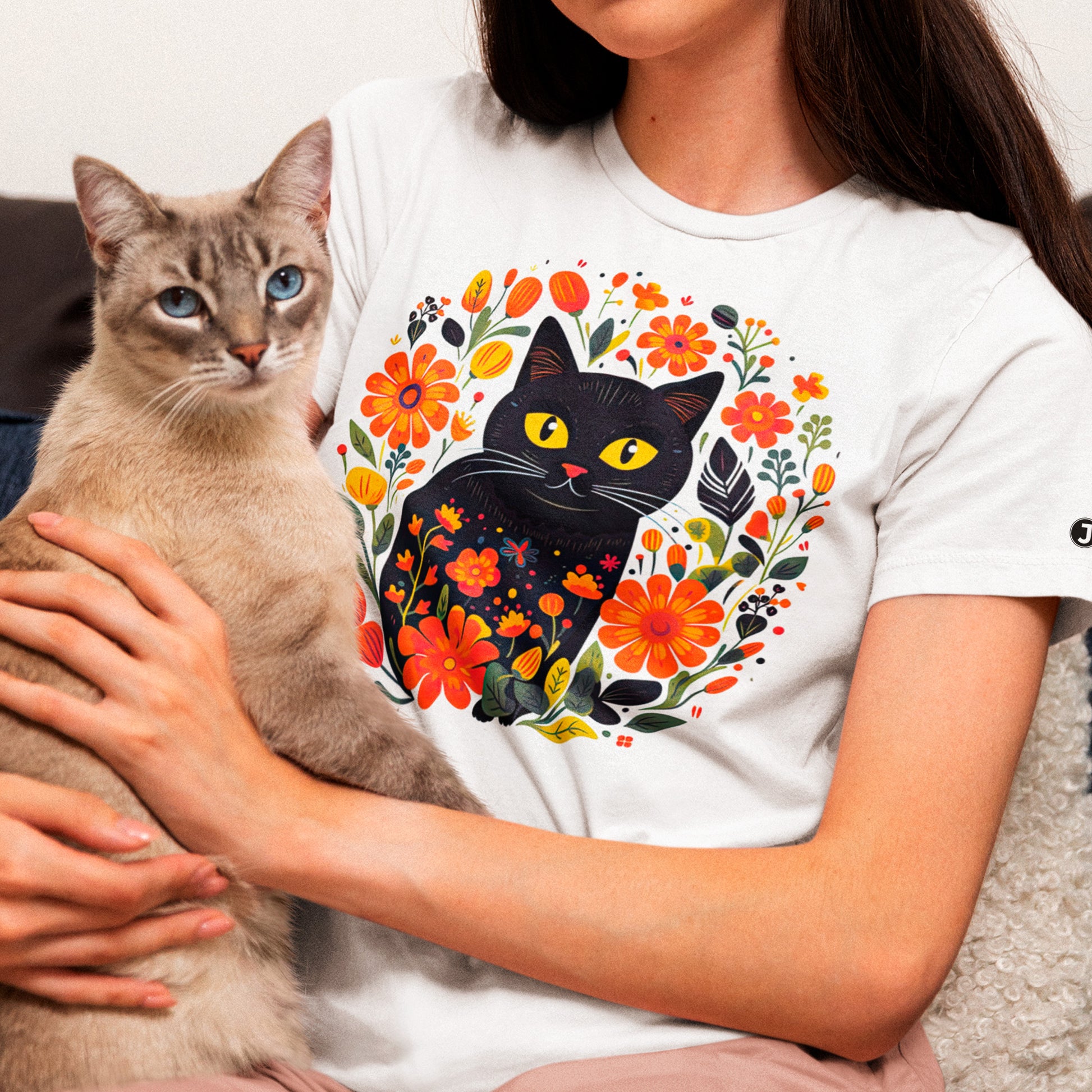 model wearing white Inky Whiskers Unisex organic cotton t-shirt