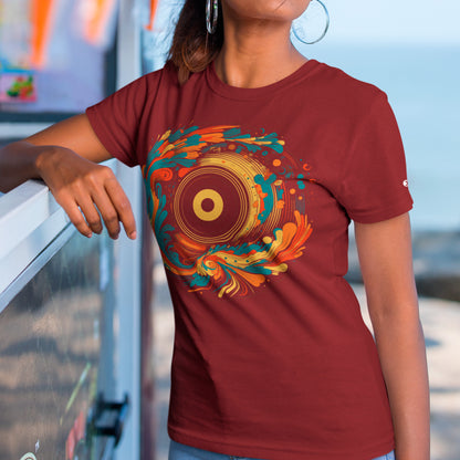 female model wearing a burgundy Spin Fusion Unisex organic cotton t-shirt