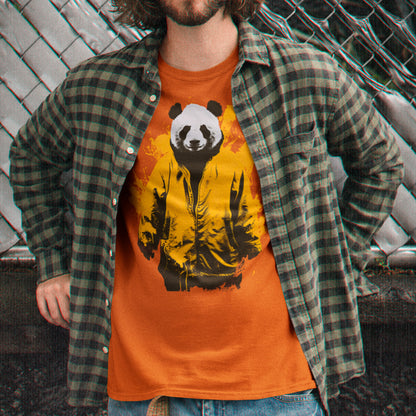 male model outside wearing China Punk Chic Unisex t-shirt, in autumn colour