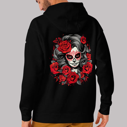 male model wearing La Catrina Rose Unisex Hoodie