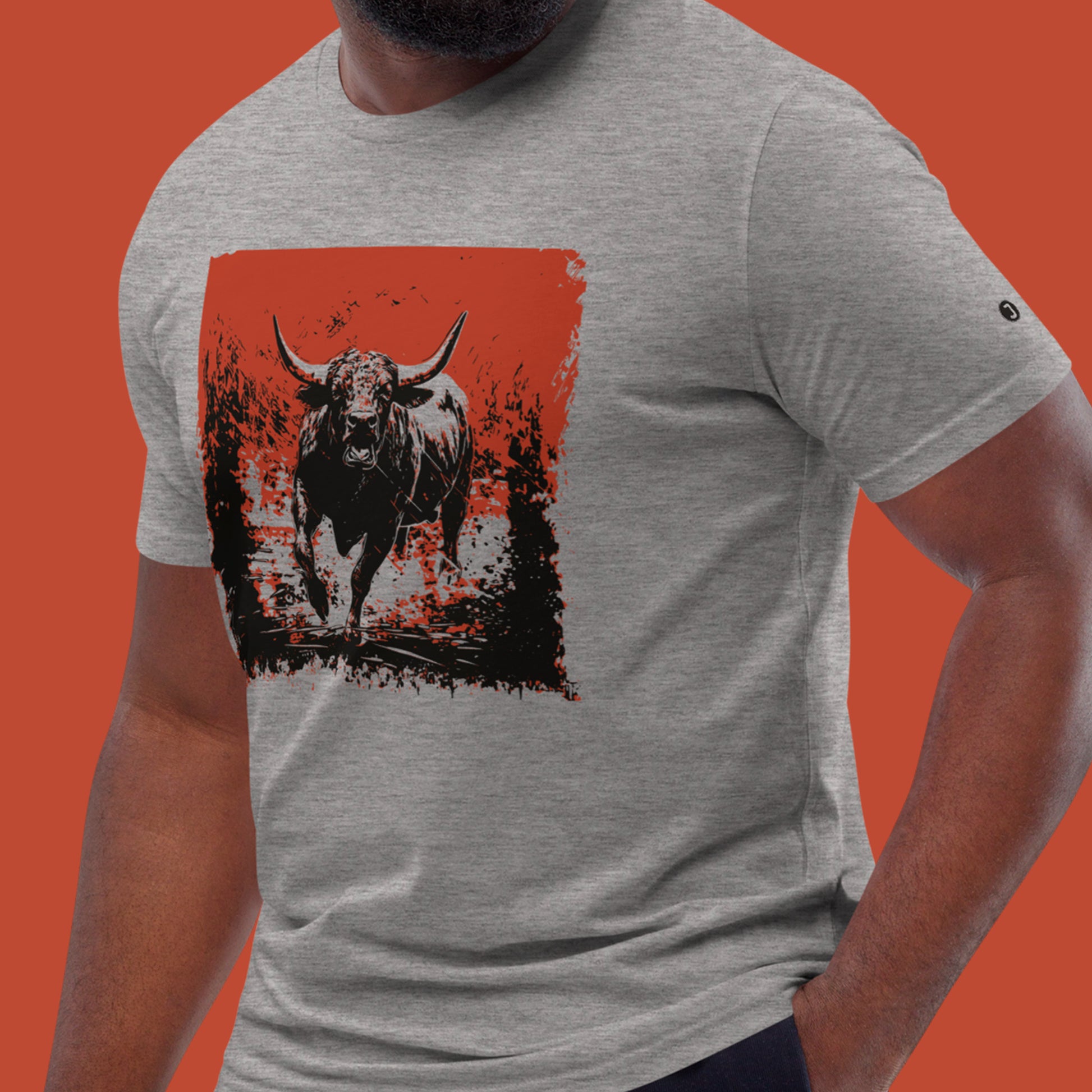 model wearing Raging Bull Unisex organic cotton t-shirt, in heather grey