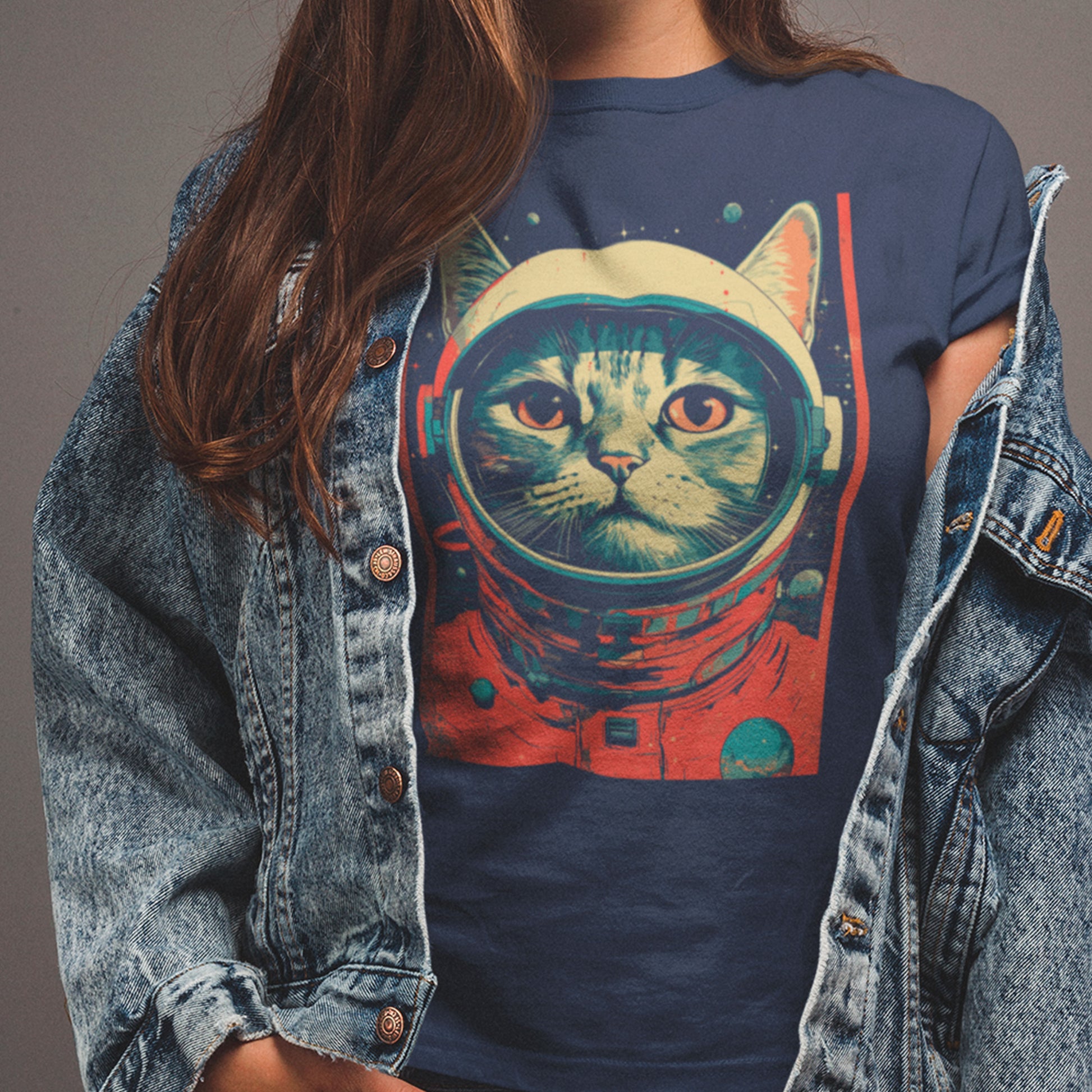 female model wearing midnight navy Cosmic Kitty Unisex t-shirt