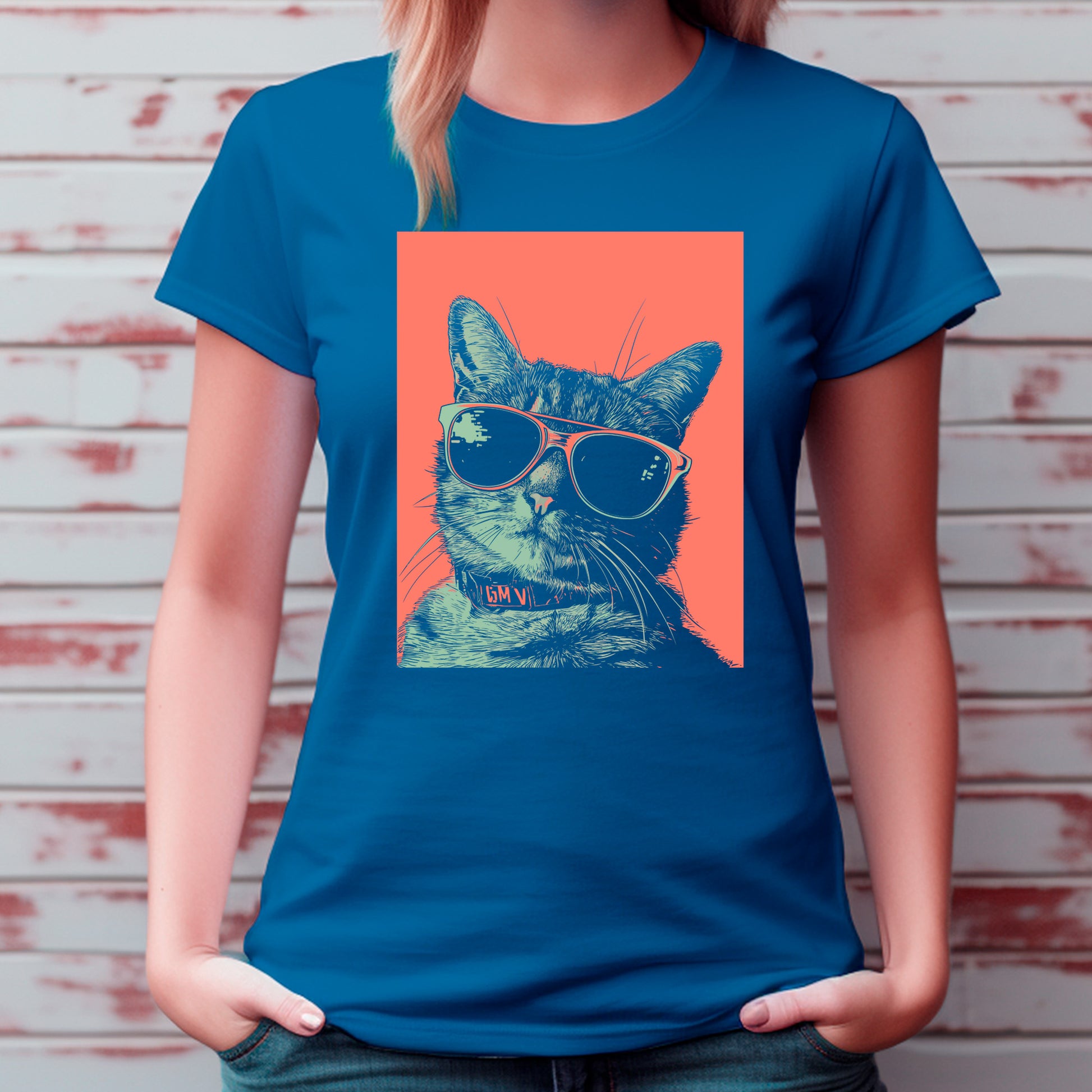 model wearing royal navy Hip Kitty Unisex t-shirt