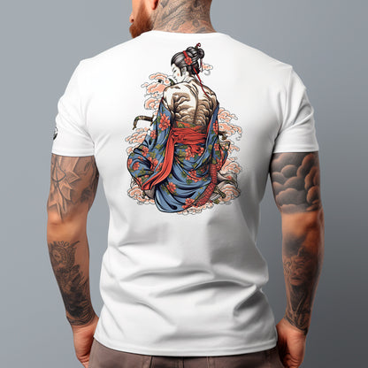 back view of model wearing Yūgen Ronin Ink Unisex t-shirt