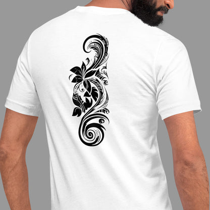 back view of a model wearing a white Te Ora O Pahu Unisex t-shirt