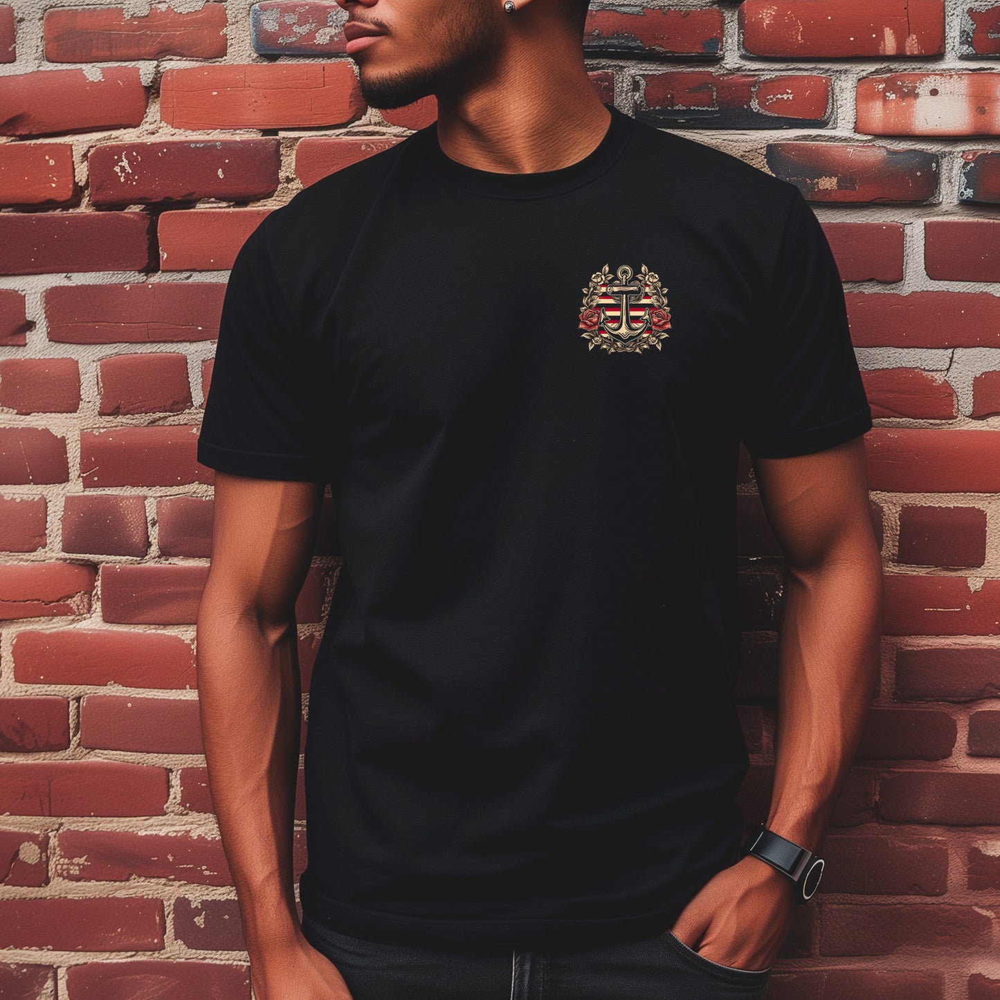 model wearing black Anchor's Tale Unisex t-shirt