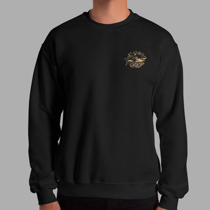 model wearing black Ka Manō Embroidered Unisex Sweatshirt