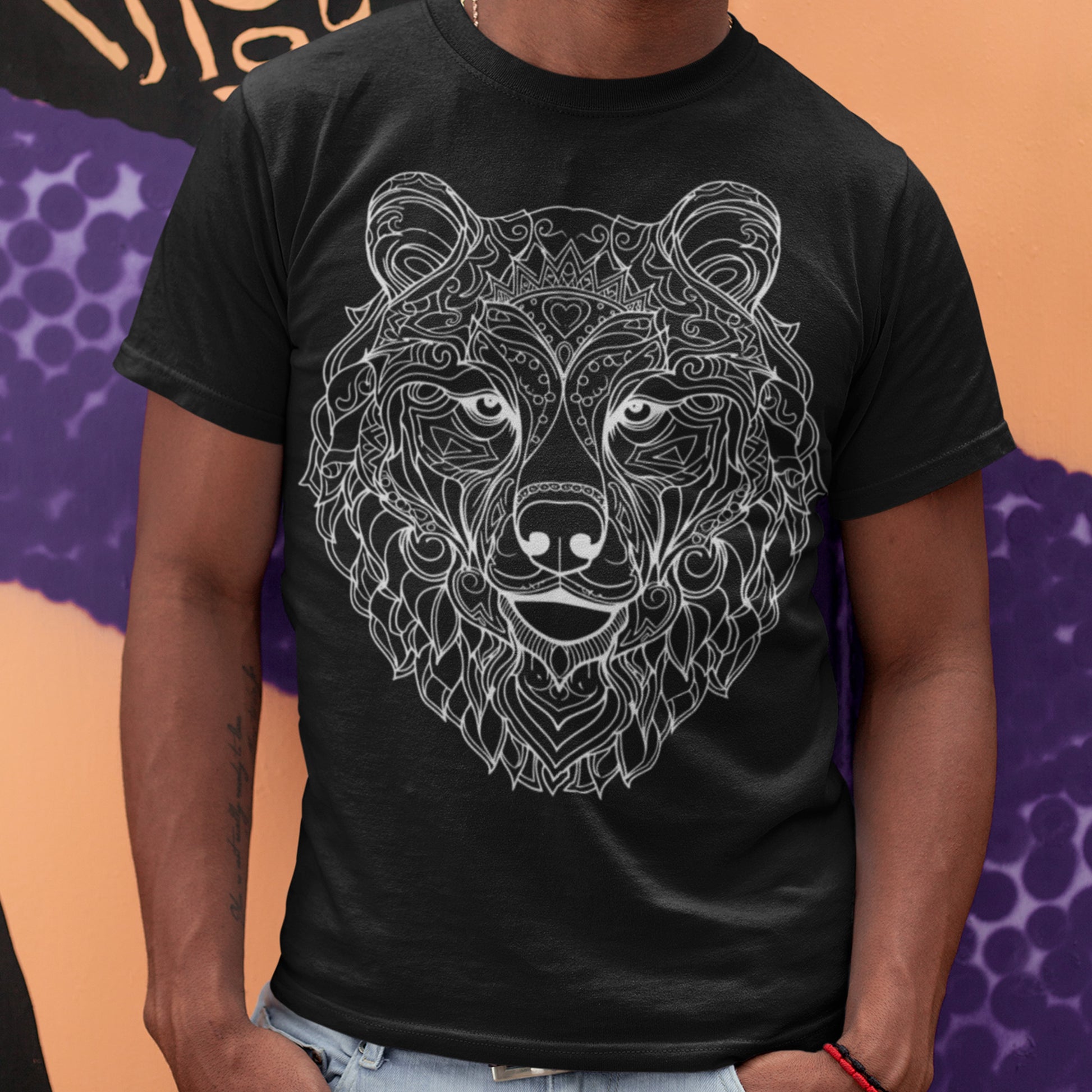 male model wearing black Bearing Angles Unisex organic cotton t-shirt
