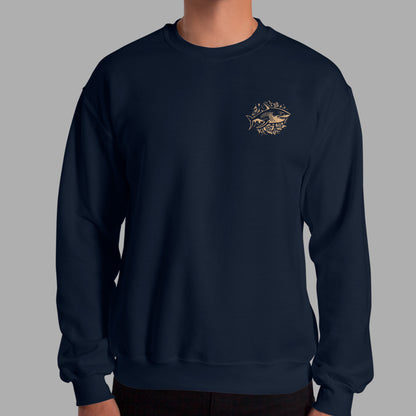 model wearing navy Ka Manō Embroidered Unisex Sweatshirt