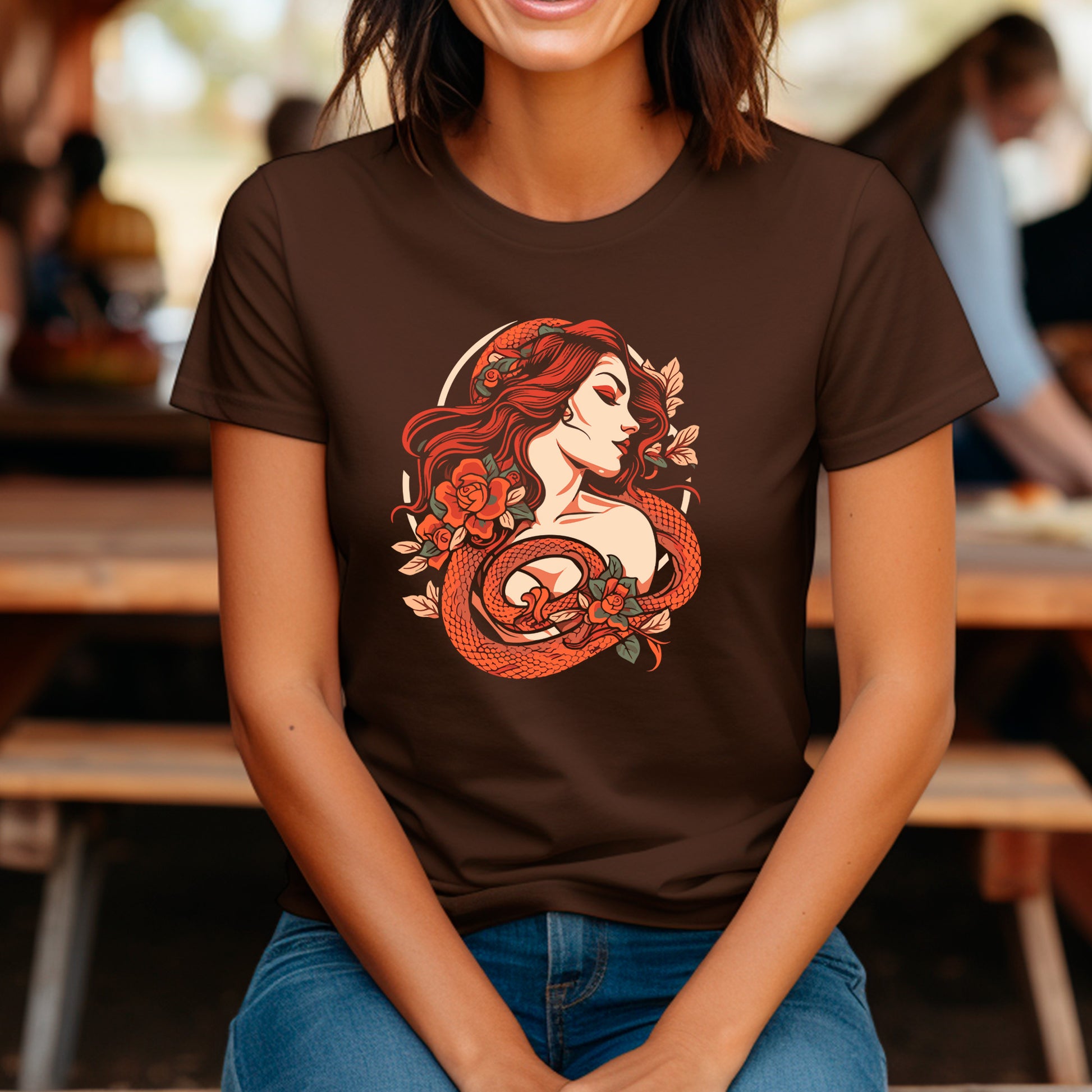 female model wearing brown Coiled Grace Unisex t-shirt