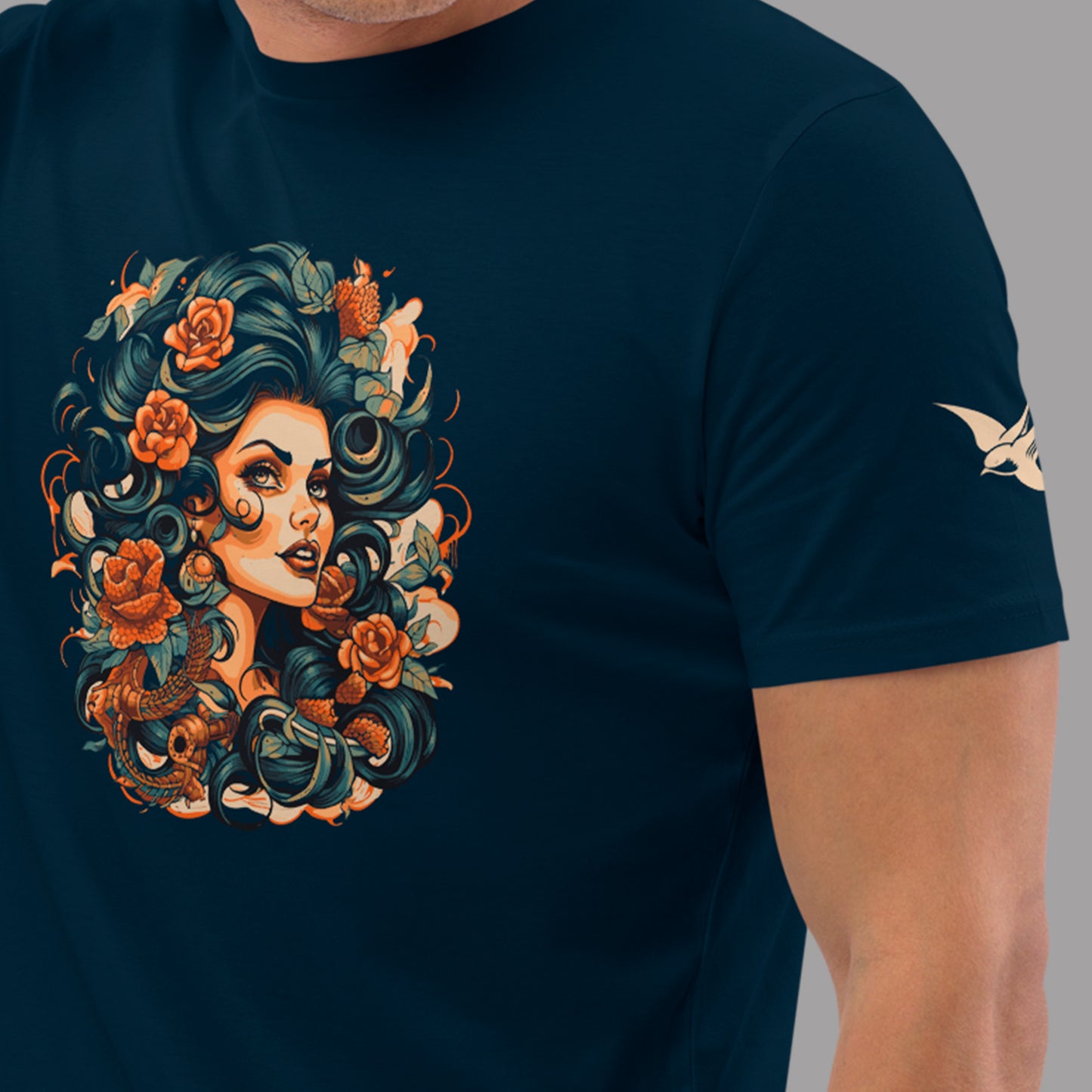 close-up of model in french navy Black Siren Unisex organic cotton t-shirt