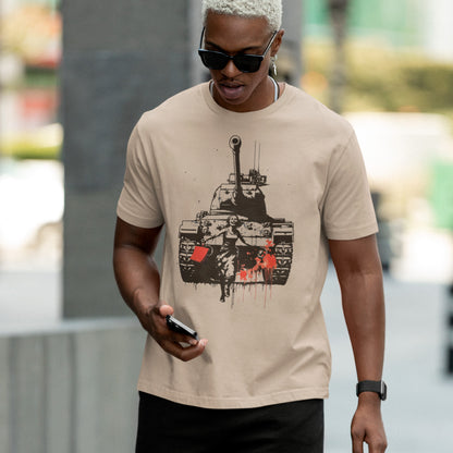 male model wearing desert dust The War on Wants Unisex organic cotton t-shirt