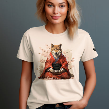 female model wearing heather dust Kimono Inu Unisex t-shirt