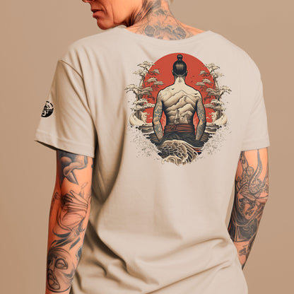 back view of female mode wearing desert dust Shogun Unisex t-shirt