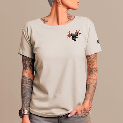 front view of female model wearing desert dust Shogun Unisex t-shirt