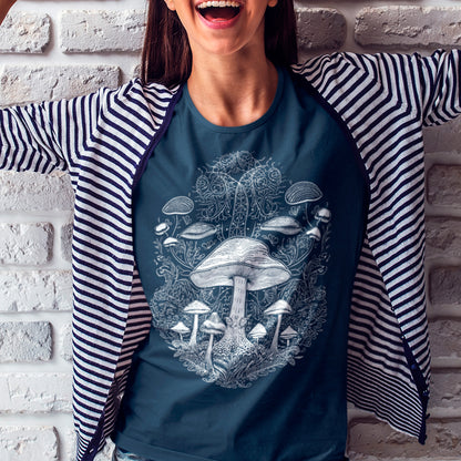 female model wearing french navy Fungal Network Unisex organic cotton t-shirt