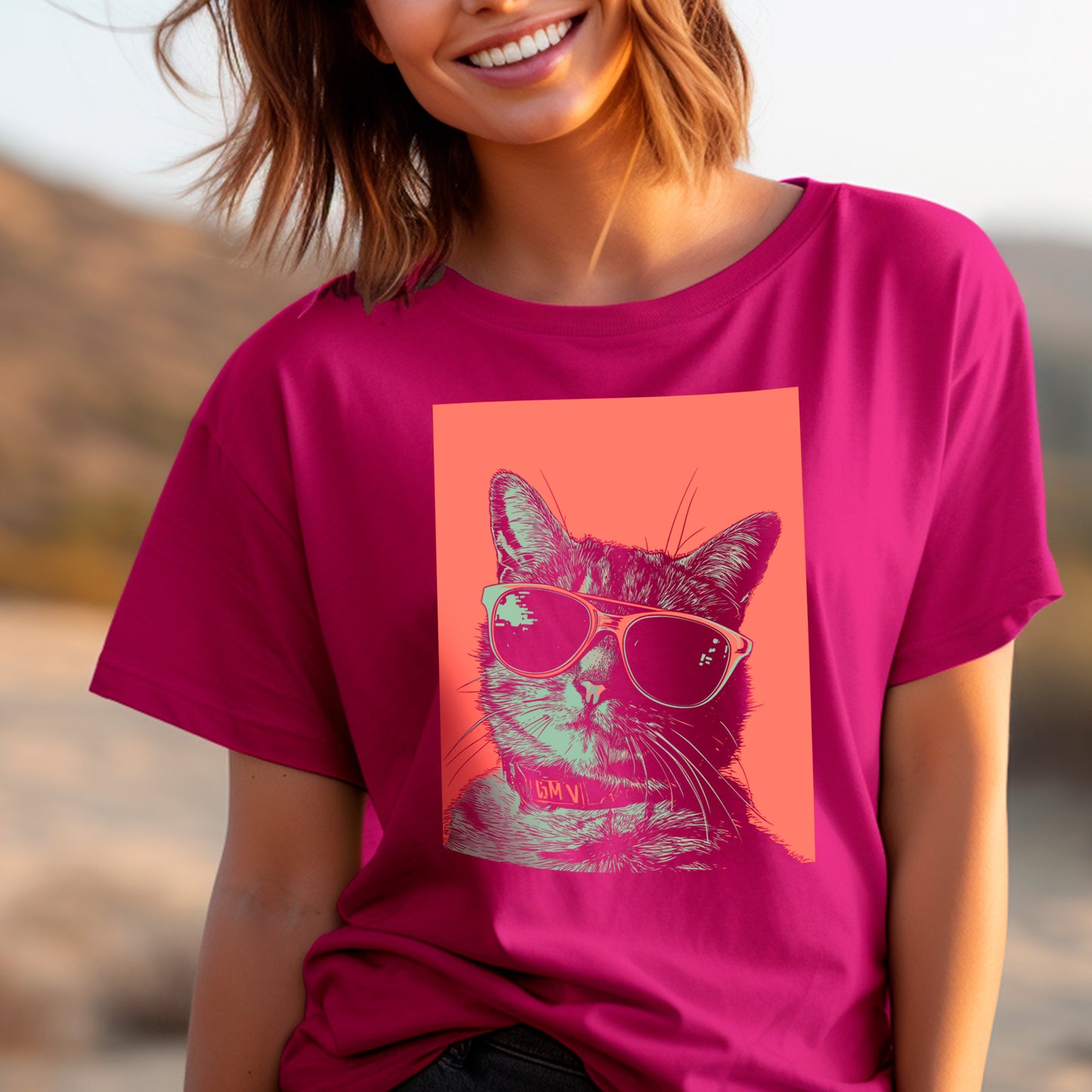 model wearing berry Hip Kitty Unisex t-shirt