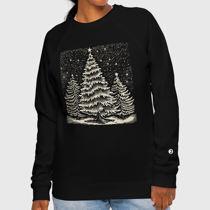 female model wearing Chiaroscuro Christmas Unisex organic raglan sweatshirt